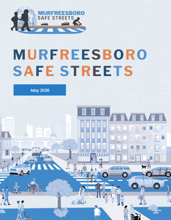 Cover page for murfreesboro safe streets safety action plan report showing a blue city with transportation of cars and people walking